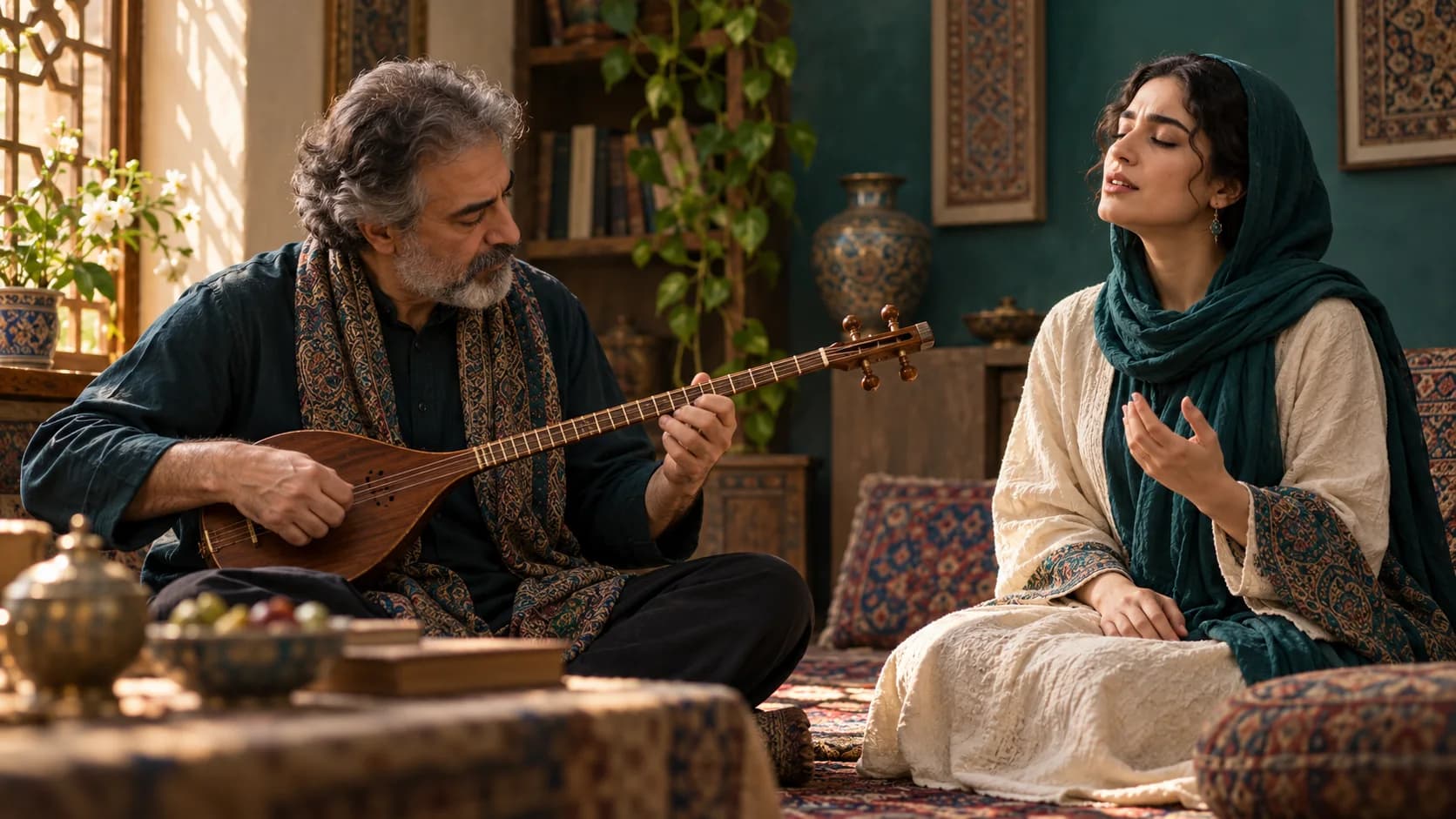 نوازندهٔ سه‌تار و خواننده در جلسهٔ آموزش موسیقی دستگاهی ایران