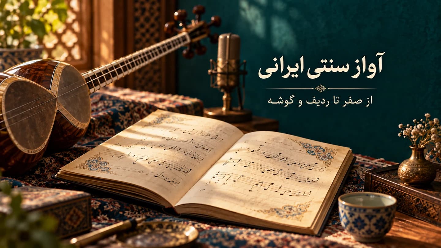 تار و دفتر ردیف آوازی کنار میکروفون برای آموزش آواز سنتی ایرانی