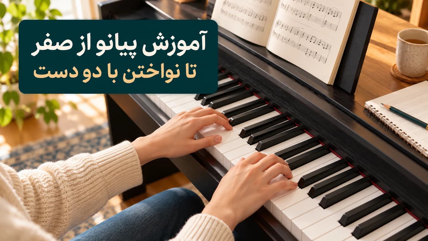 دست‌های هنرجوی مبتدی روی کلاویه‌های پیانوی دیجیتال، کنار دفتر نت و عنوان آموزش پیانو از صفر