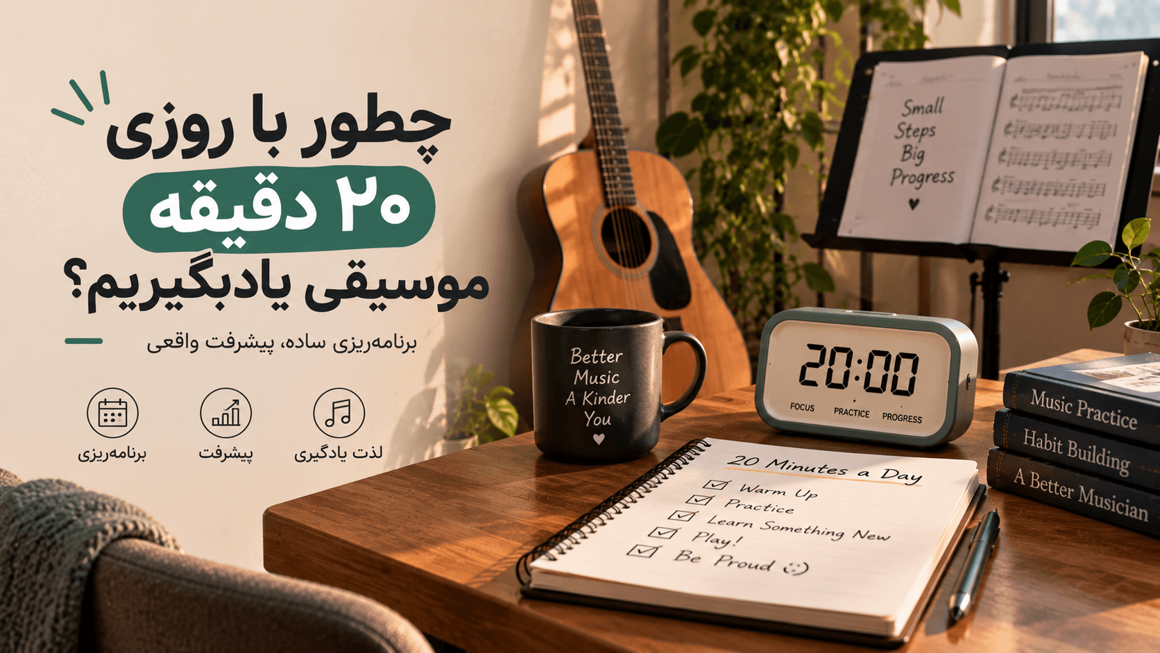 🎵 چطور با روزی ۲۰ دقیقه موسیقی یاد بگیریم؟ برنامه تمرین کوتاه و مؤثر