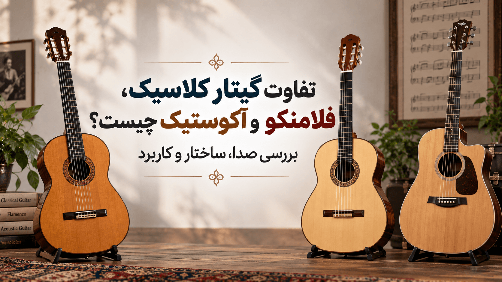 🎸 تفاوت گیتار کلاسیک، فلامنکو و آکوستیک چیست؟ بررسی صدا، ساختار و کاربرد