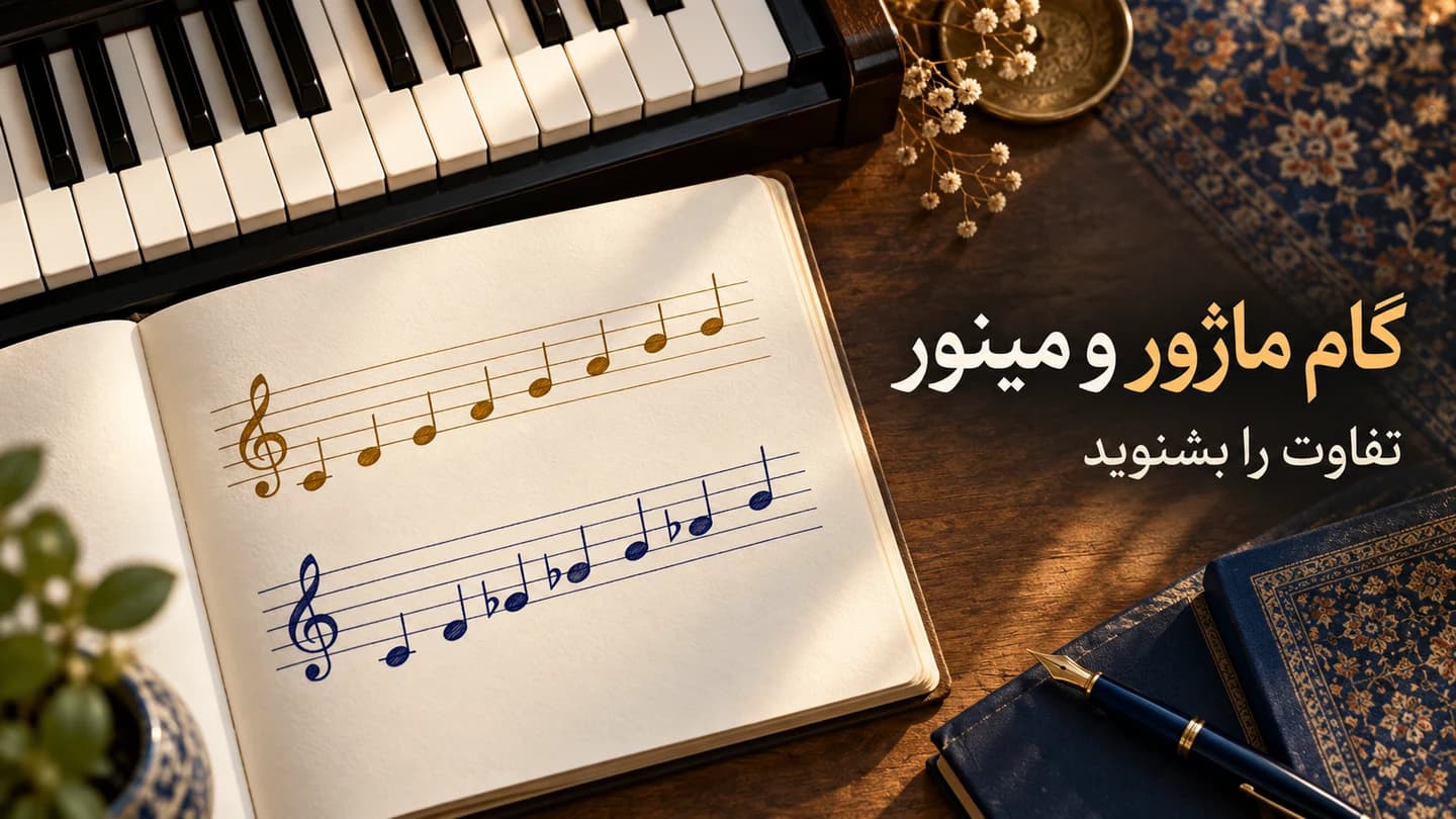 دفتر نت و پیانو برای مقایسهٔ گام ماژور و مینور با نمونهٔ شنیداری