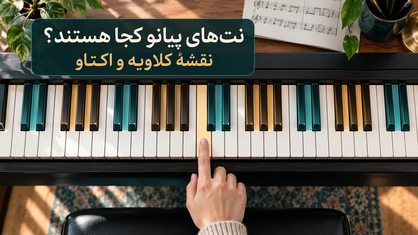 کلیدهای سیاه پیانو در گروه‌های دوتایی و سه‌تایی با علامت رنگی، کنار انگشت هنرجو روی کلاویهٔ سفید