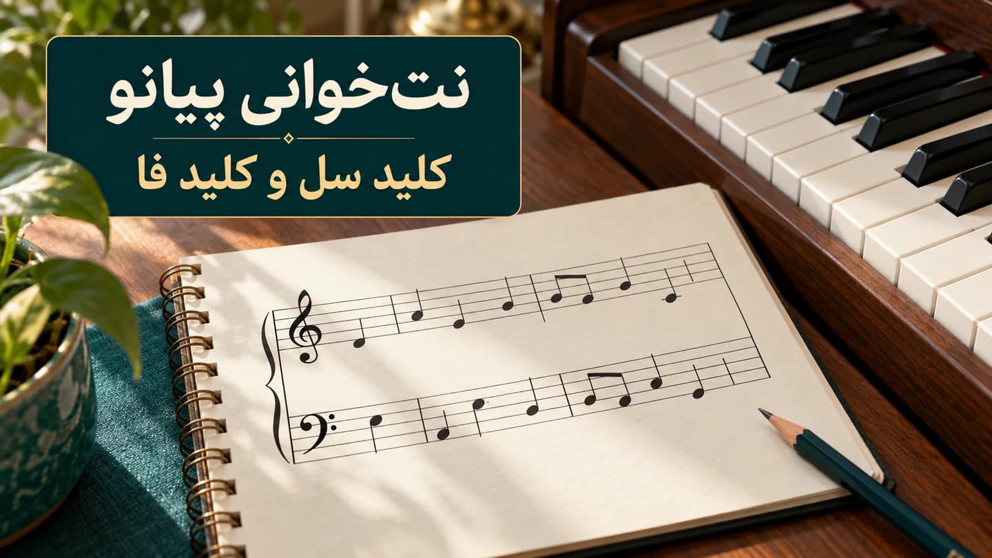 دفتر نت پیانو با دو حاملِ کلید سل و فا روی میز کنار کلاویه‌های پیانو