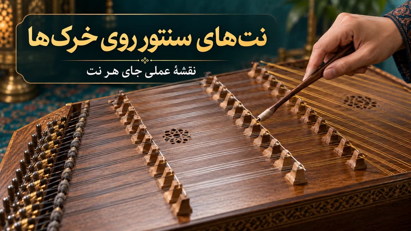 نمای نزدیک خرک‌ها و سیم‌های زرد و سفید سنتور با مضرابی که جای نت را نشان می‌دهد