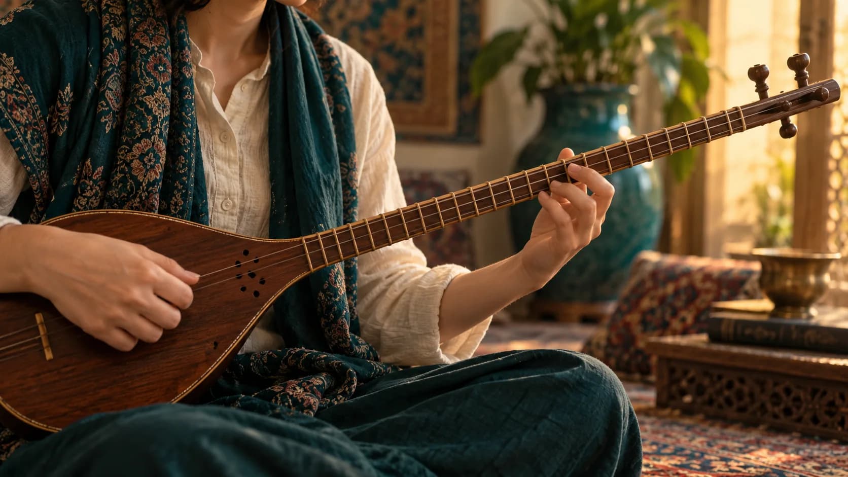 دست هنرجو روی پرده‌های دستهٔ سه‌تار ایرانی