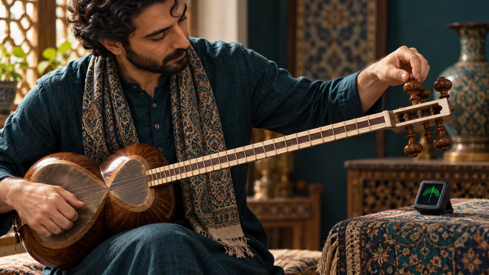 نوازنده در حال تنظیم گوشی تار ایرانی با کمک تیونر